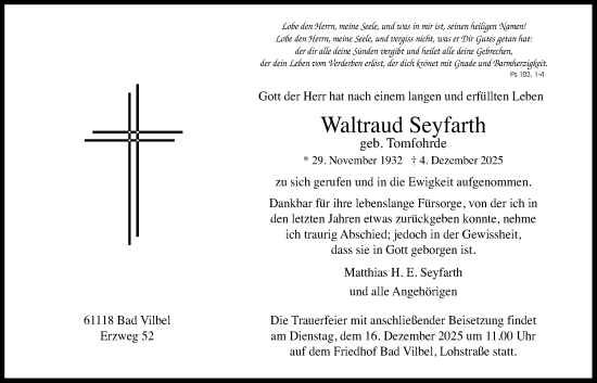 Traueranzeige von Waltraud Seyfarth von Bad Vilbel/Karben