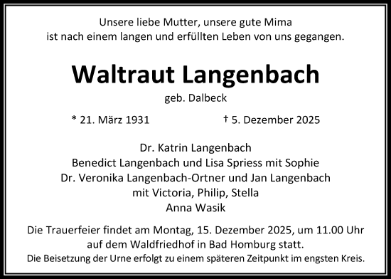 Traueranzeige von Waltraut Langenbach von Wetterauer Zeitung
