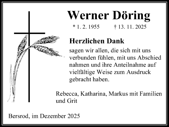 Traueranzeige von Werner Döring von Giessener Allgemeine, Alsfelder Allgemeine