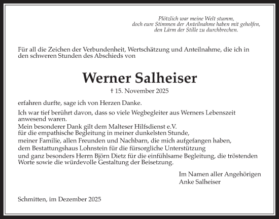 Traueranzeige von Werner Salheiser von Usinger Anzeiger, Usinger Anzeigenblatt