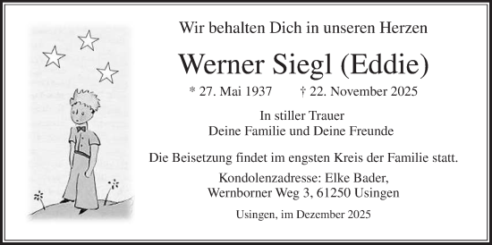 Traueranzeige von Werner Siegl von Usinger Anzeigenblatt