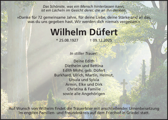Traueranzeige von Wilhelm Düfert von Butzbacher Zeitung