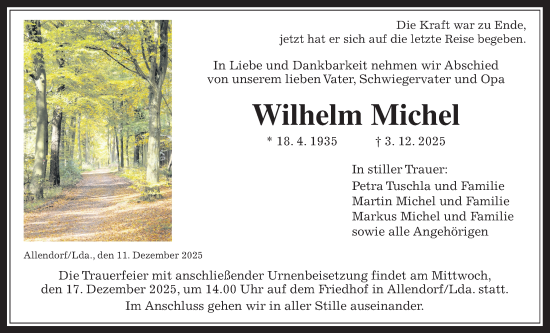 Traueranzeige von Wilhelm Michel von Allendorfer Mitteilungen
