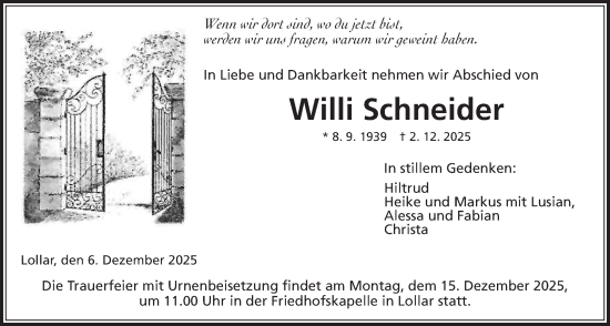 Traueranzeige von Willi Schneider von Giessener Allgemeine, Alsfelder Allgemeine