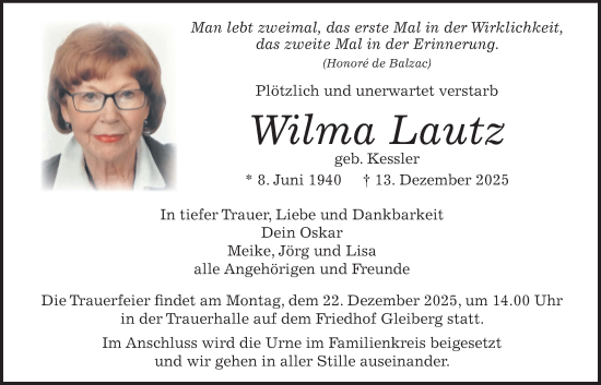 Traueranzeige von Wilma Lautz von Giessener Allgemeine, Alsfelder Allgemeine, Giessener Allgemeine, Alsfelder Allgemeine