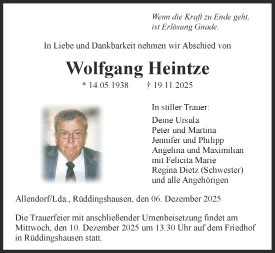 Traueranzeige von Wolfgang Heintze von Giessener Allgemeine, Alsfelder Allgemeine