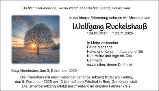 Traueranzeige von Wolfgang Ruckelshauß von Giessener Allgemeine, Alsfelder Allgemeine