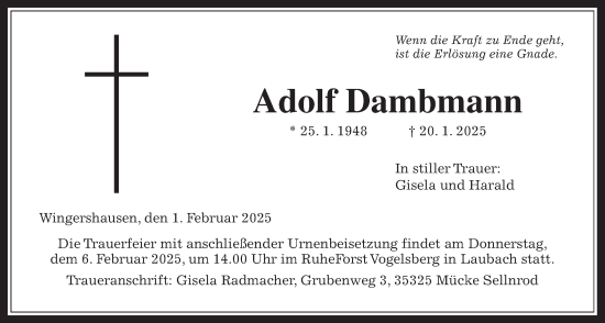 Traueranzeige von Adolf Dambmann von Kreis-Anzeiger