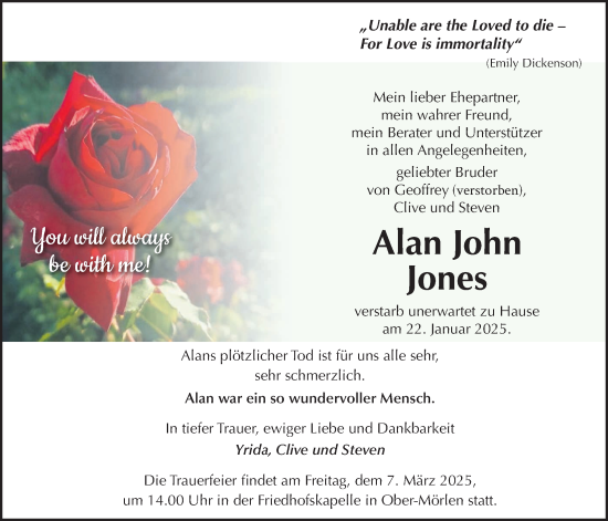 Traueranzeige von Alan John Jones von Giessener Allgemeine, Alsfelder Allgemeine, Wetterauer Zeitung, Butzbacher Zeitung