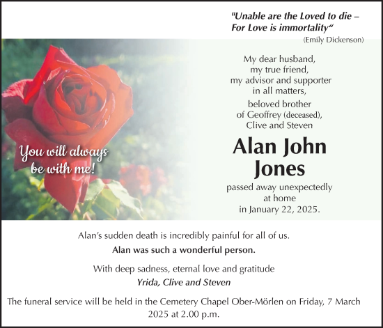 Traueranzeige von Alan John Jones von Giessener Allgemeine, Alsfelder Allgemeine, Wetterauer Zeitung, Butzbacher Zeitung
