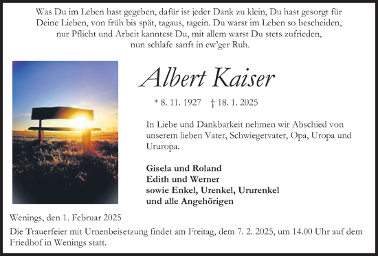 Traueranzeige von Albert Kaiser von Kreis-Anzeiger