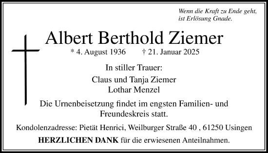 Traueranzeige von Albert Berthold Ziemer von Usinger Anzeigenblatt