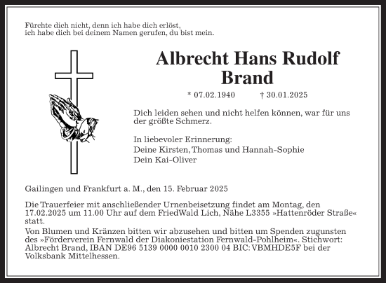 Traueranzeige von Albrecht Hans Rudolf Brand von Giessener Anzeiger, Giessener Allgemeine, Alsfelder Allgemeine