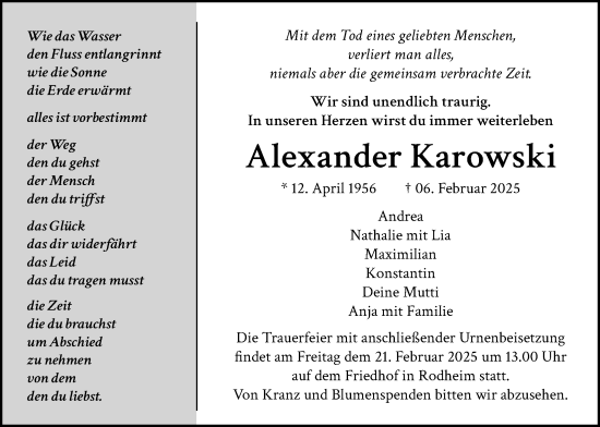 Traueranzeige von Alexander Karowski von Wetterauer Zeitung