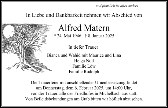 Traueranzeige von Alfred Matern von Usinger Anzeiger, Usinger Anzeigenblatt