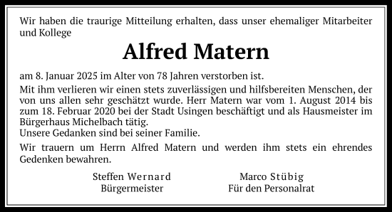 Traueranzeige von Alfred Matern von Usinger Anzeigenblatt
