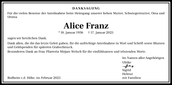Traueranzeige von Alice Franz von Wetterauer Zeitung