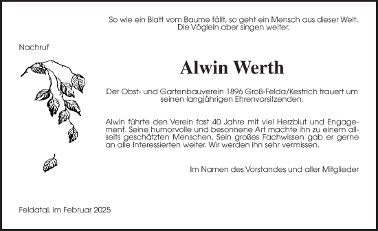 Traueranzeige von Alwin Werth von Oberhessische Zeitung