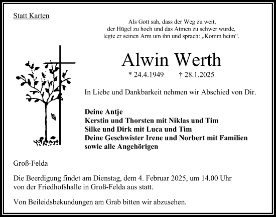 Traueranzeige von Alwin Werth von Oberhessische Zeitung