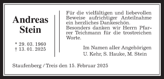 Traueranzeige von Andreas Stein von Giessener Allgemeine, Alsfelder Allgemeine