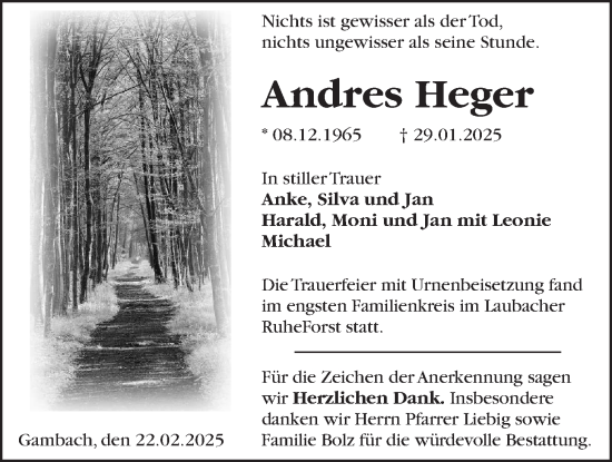 Traueranzeige von Andres Heger von Butzbacher Zeitung