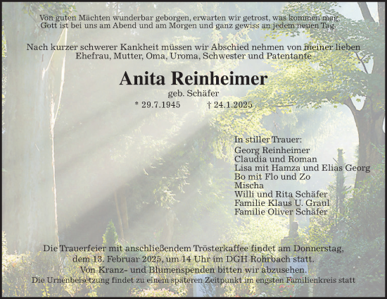 Traueranzeige von Anita Reinheimer von Kreis-Anzeiger