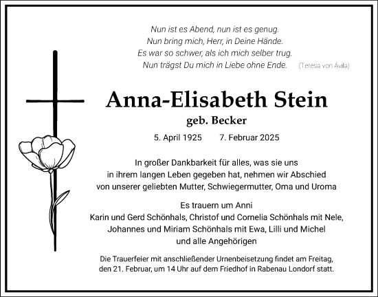 Traueranzeige von Anna-Elisabeth Stein von Giessener Anzeiger, Giessener Allgemeine, Alsfelder Allgemeine