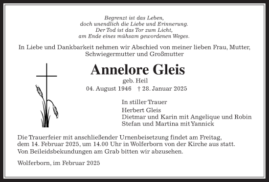 Traueranzeige von Annelore Gleis von Kreis-Anzeiger