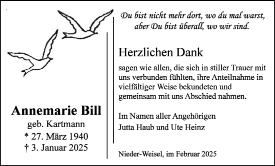 Traueranzeige von Annemarie Bill von Butzbacher Zeitung