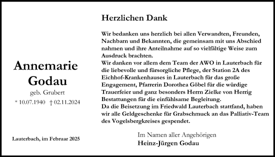 Traueranzeige von Annemarie Godau von Lauterbacher Anzeiger