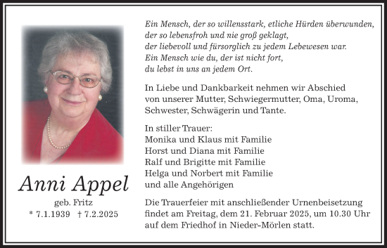 Traueranzeige von Anni Appel von Wetterauer Zeitung