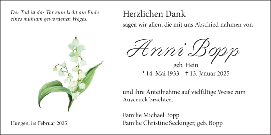 Traueranzeige von Anni Bopp von Licher Wochenblatt