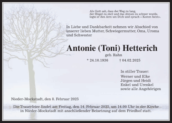 Traueranzeige von Antonie Hetterich von Kreis-Anzeiger, Wetterauer Zeitung