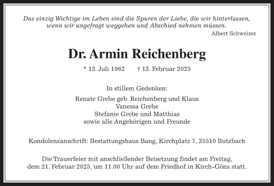 Traueranzeige von Armin Reichenberg von Butzbacher Zeitung