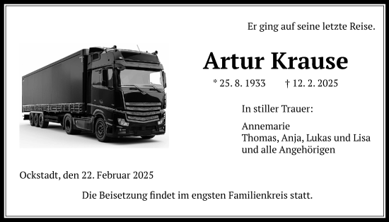 Traueranzeige von Artur Krause von Wetterauer Zeitung