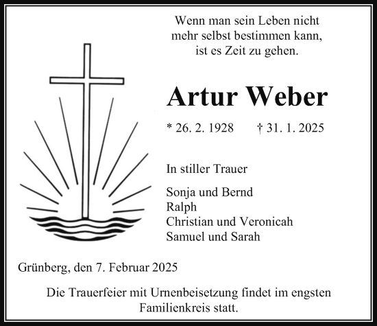 Traueranzeige von Artur Weber von Giessener Allgemeine, Alsfelder Allgemeine