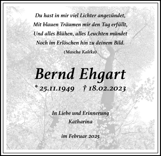 Traueranzeige von Bernd Ehgart von Giessener Allgemeine, Alsfelder Allgemeine