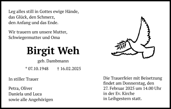 Traueranzeige von Birgit Weh von Giessener Allgemeine, Alsfelder Allgemeine