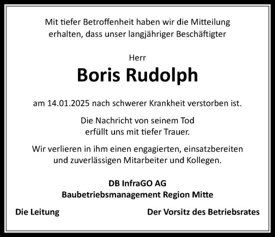 Traueranzeige von Boris Rudolph von Butzbacher Zeitung, Wetterauer Zeitung