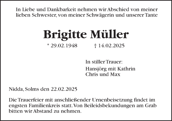 Traueranzeige von Brigitte Müller von Kreis-Anzeiger