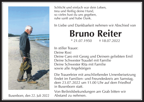 Traueranzeige von Bruno Reiter von Kreis-Anzeiger