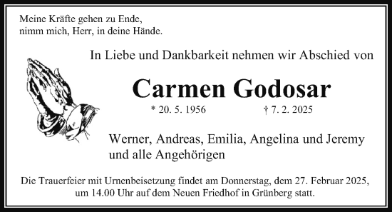 Traueranzeige von Carmen Godosar von Giessener Allgemeine, Alsfelder Allgemeine
