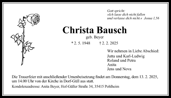 Traueranzeige von Christa Bausch von Giessener Anzeiger, Giessener Allgemeine, Alsfelder Allgemeine
