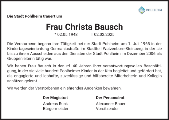 Traueranzeige von Christa Bausch von Pohlheimer Nachrichten