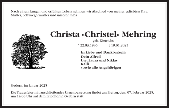 Traueranzeige von Christa Mehring von Kreis-Anzeiger