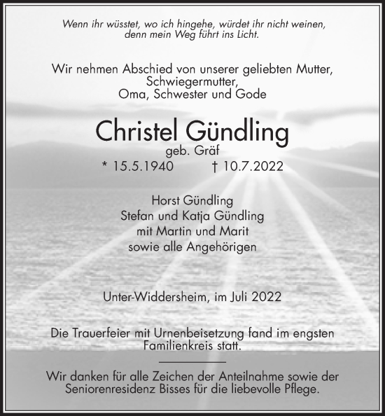 Traueranzeige von Christel Gündling von Kreis-Anzeiger