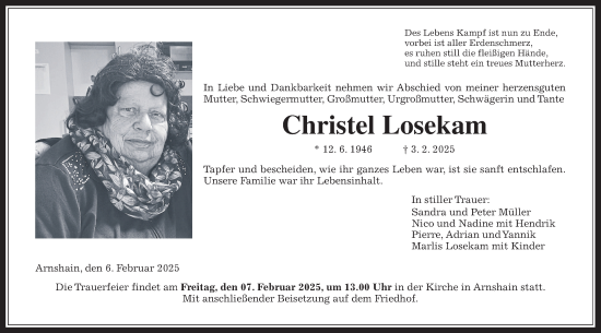 Traueranzeige von Christel Losekam von Oberhessische Zeitung