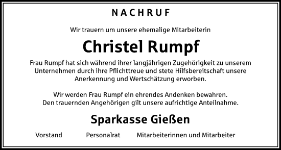 Traueranzeige von Christel Rumpf von Giessener Anzeiger, Giessener Allgemeine, Alsfelder Allgemeine