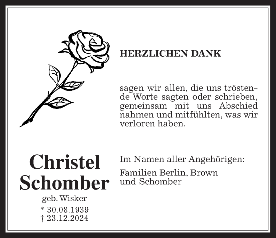 Traueranzeige von Christel Schomber von Giessener Allgemeine, Alsfelder Allgemeine