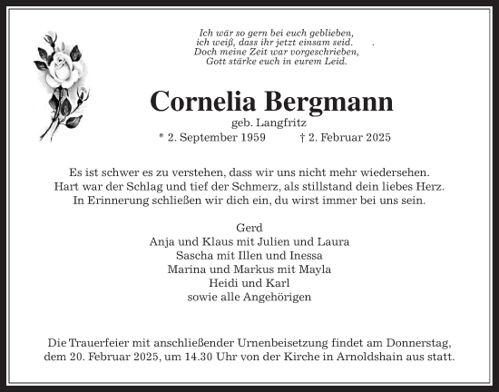Traueranzeige von Cornelia Bergmann von Usinger Anzeigenblatt